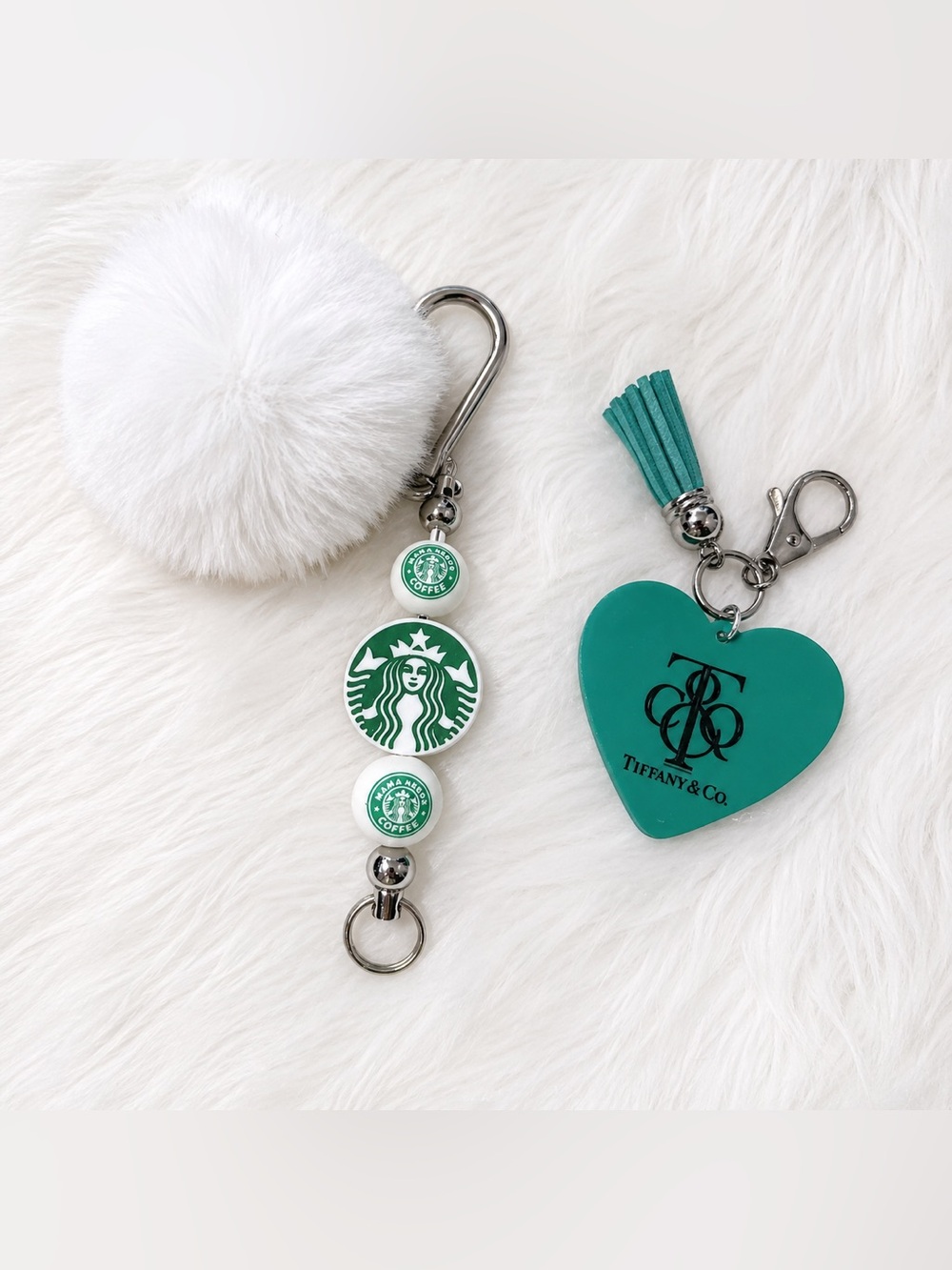 Green White Beaded Coffee Lover Keychain w Pom Pom + Teal Heart Tassel Bundle